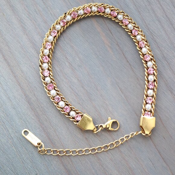 Pearl/Pink CZ Diamond Cuban Chain Tennis Bracelet 18k Gold Plated Stainless Stee - Picture 2 of 4